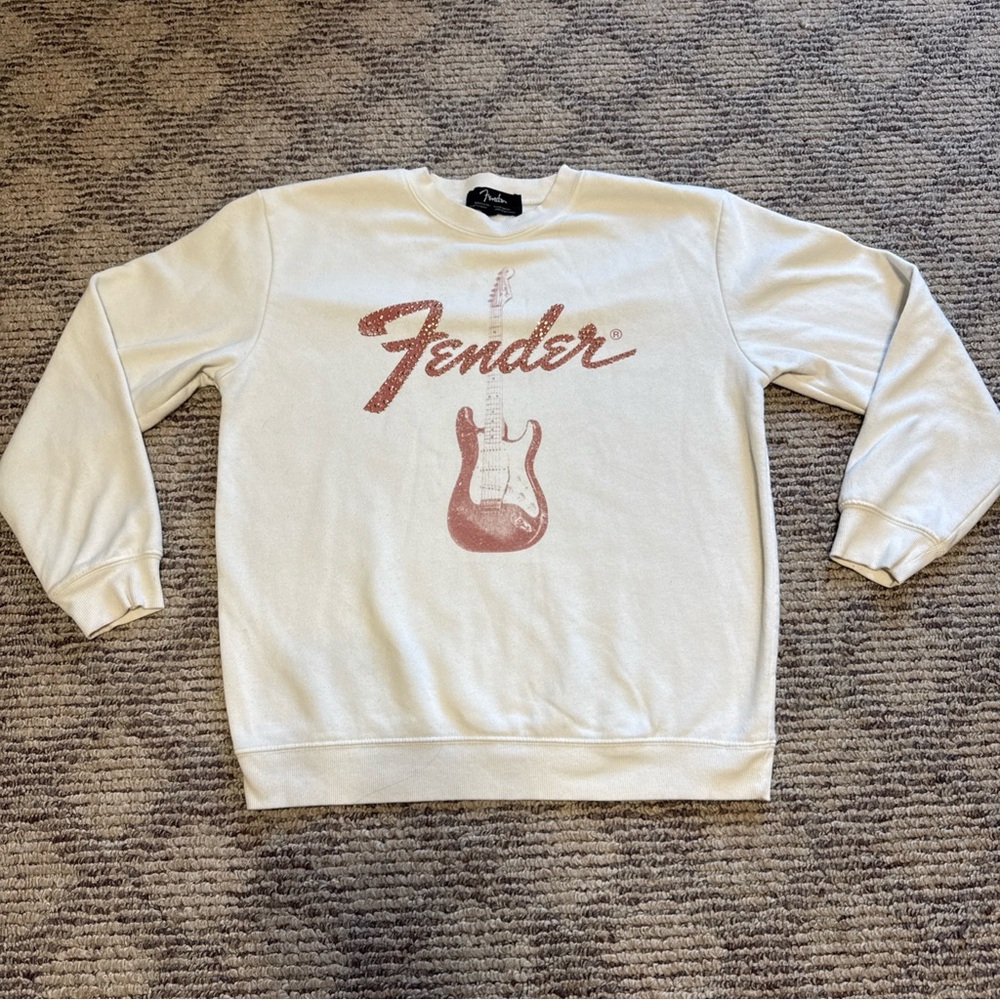 Fender Guitar Adult Size Small Off-White Glitter Pink Design Crewneck Sweatshirt